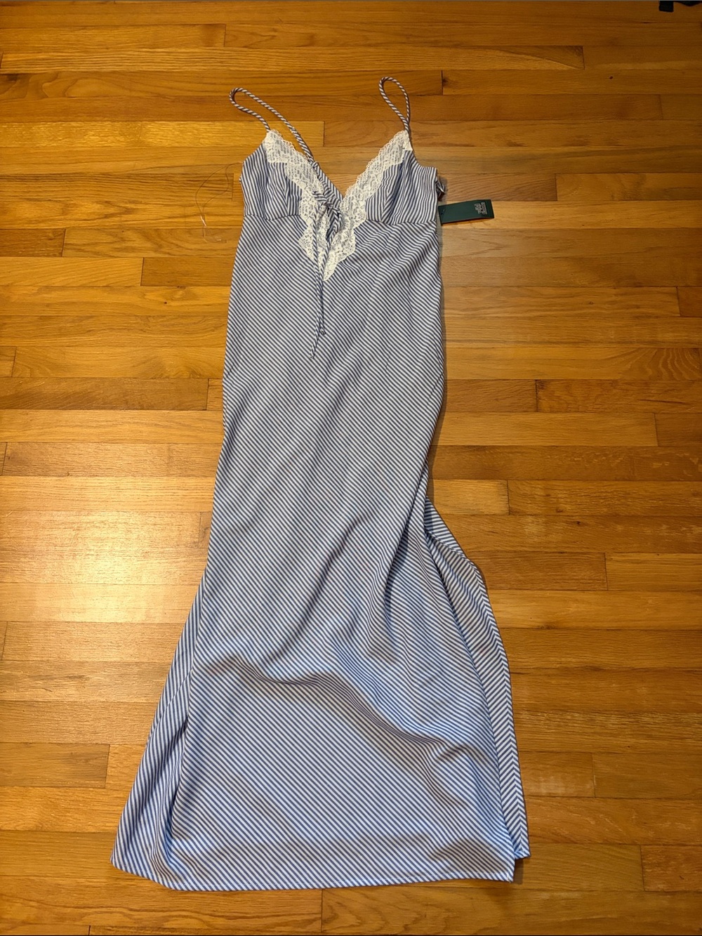 Lace-Trim Blue Striped Maxi Dress